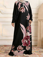 Damen Maxikleid im Kaftan-Stil mit handbemaltem Blumenprint Nord Taschen – Schwarz