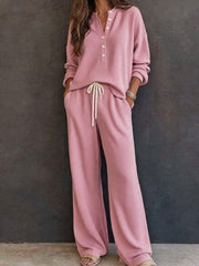 Damen Waffelstrick-Loungewear-Set mit Henley-Oberteil und weiter Kordelbundhose Nord Taschen – Rosa