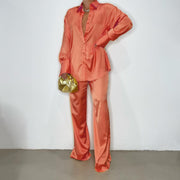 Damen Satin-Hemd und Palazzo-Hose Lounge-Set Nord Taschen – Orange