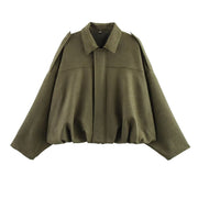 Damen Oversize Cropped Veloursblouson mit Tunnelzug-Bund und Schulterpatten Nord Taschen – Grün