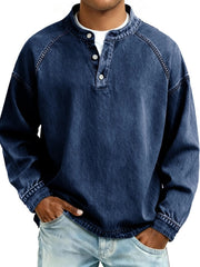 Herren Langarm-Henley Sweatshirt mit Stehkragen und Vintage-Denim-Effekt Nord Taschen – Dunkelblau