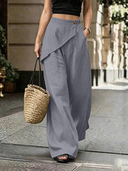 Damen Leichte Leinenhose mit Wickel-Front und weitem Bein Nord Taschen – Grau