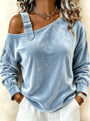 Damen Samt-Sweatshirt mit asymmetrischem Carmen-Ausschnitt und Zierschnalle Nord Taschen – Himmelblau