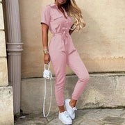 Damen Kurzarm-Utility-Overall mit Taillenbindegürtel und schmalem Joggerbein Nord Taschen – Rosa