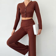 Damen Enganliegendes Crop Top Und High Waist Hosen Set – Zweiteiler Mit Knöpfen – Weinfarbe