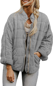 Damen Oversize Steppjacke mit Reißverschluss und Eingrifftaschen Nord Taschen – Hellgrau