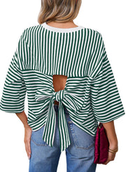 Damen Gestreiftes Oversize-Shirt mit Rückenausschnitt und Schleifenbindung Nord Taschen – Grün
