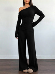 Damen Asymmetrisches Strick-Lounge-Set mit One-Shoulder-Oberteil und weitem Bein Nord Taschen – Schwarz