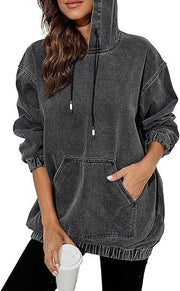 Damen Oversize Kapuzenpullover aus verwaschenem Jeansstoff mit Kängurutasche Nord Taschen – Schwarz