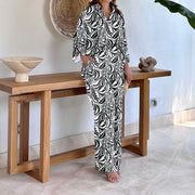 Damen Gemustertes Kimono-Lounge-Set mit weitem Palazzohose aus leichtem Viskose-Mix Nord Taschen – Schwarz mit Print
