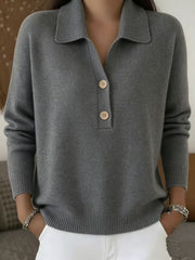 Damen lässiger Feinstrickpullover mit Polokragen und Zwei-Knopf-Leiste Nord Taschen – Grau