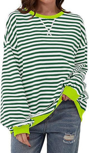 Damen Gestreifter Oversize Pullover mit Kontrastbündchen Nord Taschen – Hellgrün – Versand am selben Tag