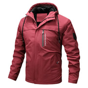 Herren winddichte Softshelljacke mit verstellbarer Kapuze und Innenfutter – Rot