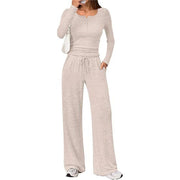 Damen Zweiteiliges Feinstrick-Lounge-Set mit Henley-Top und Palazzo-Hose Nord Taschen – Apricot