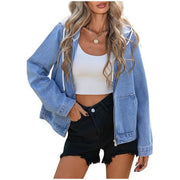 Damen Oversize Jeanskapuzenjacke mit Reißverschluss und aufgesetzten Taschen Nord Taschen – Hellblau