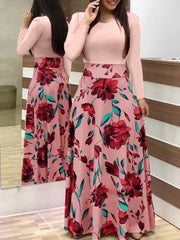 Damen Zweiteilig wirkendes Maxikleid mit figurbetontem Jersey-Oberteil und weitem Blumenrock Nord Taschen – Rosa, langarm (8888A)