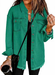 Damen Oversize Jeanshemdjacke mit Fransensaum Nord Taschen – Grün