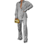 Damen Satin-Hemd und Palazzo-Hose Lounge-Set Nord Taschen – Grau