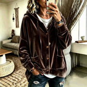 Damen Oversize Kapuzen-Samtjacke mit Knopfleiste und aufgesetzten Taschen Nord Taschen – Dunkelbraun