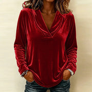 Damen Samt-Longsleeve mit tiefem V-Ausschnitt und lässigem Saum Nord Taschen – Rot