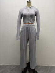 Damen Zweiteiliges Loungewear-Set geripptes Crop-Kapuzenoberteil mit Reißverschluss und Daumenloch sowie weiter Jogginghose Nord Taschen – Gewicht: S:425g-XXL:465g