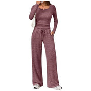 Damen Zweiteiliges Feinstrick-Lounge-Set mit Henley-Top und Palazzo-Hose Nord Taschen – Karminrot