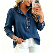 Damen Jeansbluse mit Rüschenkragen und Ballonärmeln Nord Taschen – Dunkelblau