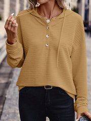 Damen Texturierter Kapuzenpullover mit Knopfleiste und Oversize-Schnitt Nord Taschen – Khaki