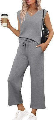 Damen Lässiges Zweiteiliges Lounge-Set mit Ärmellosem V-Neck-Top und Weiten Kordelbund-Hosen Nord Taschen – Grau