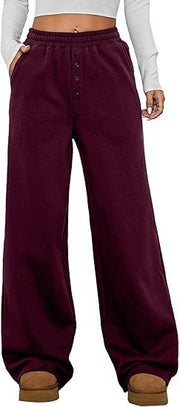 Damen Kuschelige Fleece-Sweatpants mit weitem Bein und hohem Elastikbund Nord Taschen – Dunkelrot
