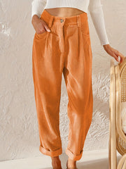 Damen lässige Cordhose mit hoher Taille, lockerer Tapered-Passform und umgeschlagenem Saum Nord Taschen – Orange