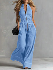 Damen Ärmelloser Halter-Jumpsuit mit Reißverschluss, weitem Bein und Eingrifftaschen Nord Taschen – Himmelblau