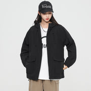 Damen Oversize Windbreaker Jacke mit Kapuze und Cargotaschen Nord Taschen – Schwarz