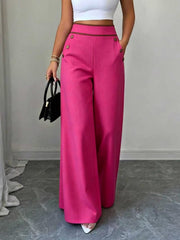 Damen Hochtaillierte Palazzo-Hose mit Zierknöpfen und weitem Bein Nord Taschen – Fuchsia