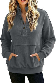 Damen gerippter Henley-Pullover mit Stehkragen und Kängurutasche Nord Taschen – Grau