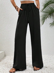Damen Weite Palazzohose mit hohem Elastikbund, Kordelzug und Eingrifftaschen Nord Taschen – Schwarz
