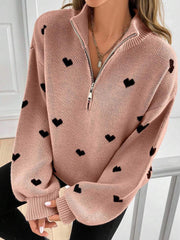 Damen Oversize Strickpullover mit Half-Zip und Herzmotiv Nord Taschen – Altrosa