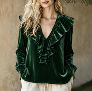 Damen Rüschige V-Ausschnitt-Bluse aus Chiffon mit Volantkragen und elastischen Manschetten Nord Taschen – Grün