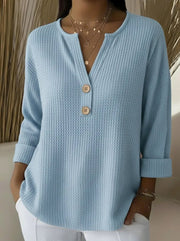 Damen Waffelstrick-Henleyshirt mit Holzknöpfen und krempelbaren Ärmeln Nord Taschen – Himmelblau