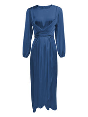Damen Elegantes Maxikleid aus Satin mit Wickel-Detail, Langarm und Taillenband Nord Taschen – Blau