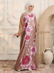 Damen Maxikleid im Kaftan-Stil mit handbemaltem Blumenprint Nord Taschen – Khaki