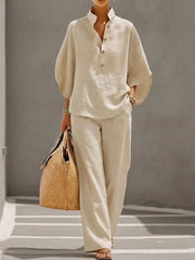 Damen Leichtes Leinen-Loungewear-Set mit Stehkragen Knopfleiste und weitem Marlene-Schnitt Nord Taschen – Khaki