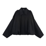 Damen Oversize Cropped Veloursblouson mit Tunnelzug-Bund und Schulterpatten Nord Taschen – Schwarz