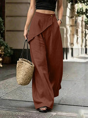 Damen Leichte Leinenhose mit Wickel-Front und weitem Bein Nord Taschen – Kaffeebraun