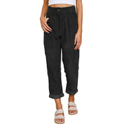 Damen lässige Cordhose mit hoher Taille, lockerer Tapered-Passform und umgeschlagenem Saum Nord Taschen – Schwarz