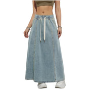 Damen Langer A-Linien Jeansrock mit elastischem Bund und Kordel Nord Taschen – Hellblau