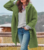 Damen Bouclé-Kapuzenmantel im Oversize-Schnitt mit verdeckter Knopfleiste Nord Taschen – Erbsengrün