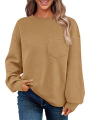 Damen Oversize Strukturstrick-Pullover mit Brusttasche Nord Taschen – Khaki - Versand heute