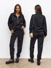 Damen Zopfstrick-Lounge-Set mit halbem Reißverschluss und hochtaillierter Jogginghose Nord Taschen – Schwarz