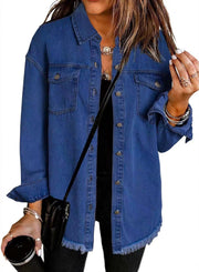 Damen Oversize Jeanshemdjacke mit Fransensaum Nord Taschen – Dunkelblau